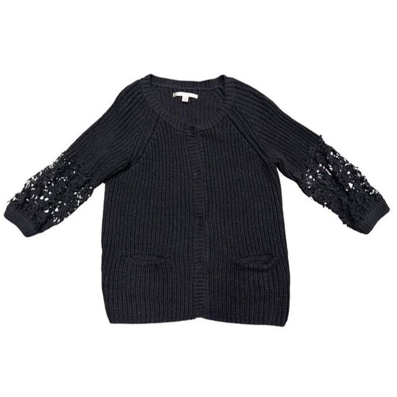 Lauren Conrad Black Crochet Sleeve Snap Front Cardigan Sweater Womens Large - Picture 6 of 12